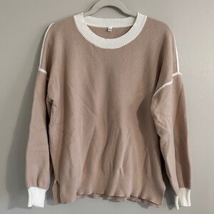 Elegant Women's Beige Sweater with White Trim